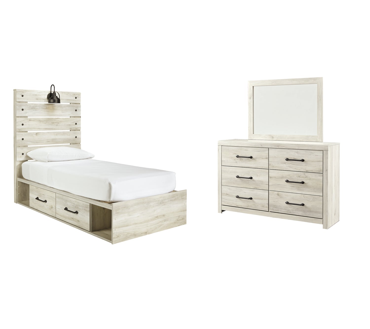 Cambeck Twin Panel Bed with 2 Storage Drawers with Mirrored Dresser - MyWaynesHome #