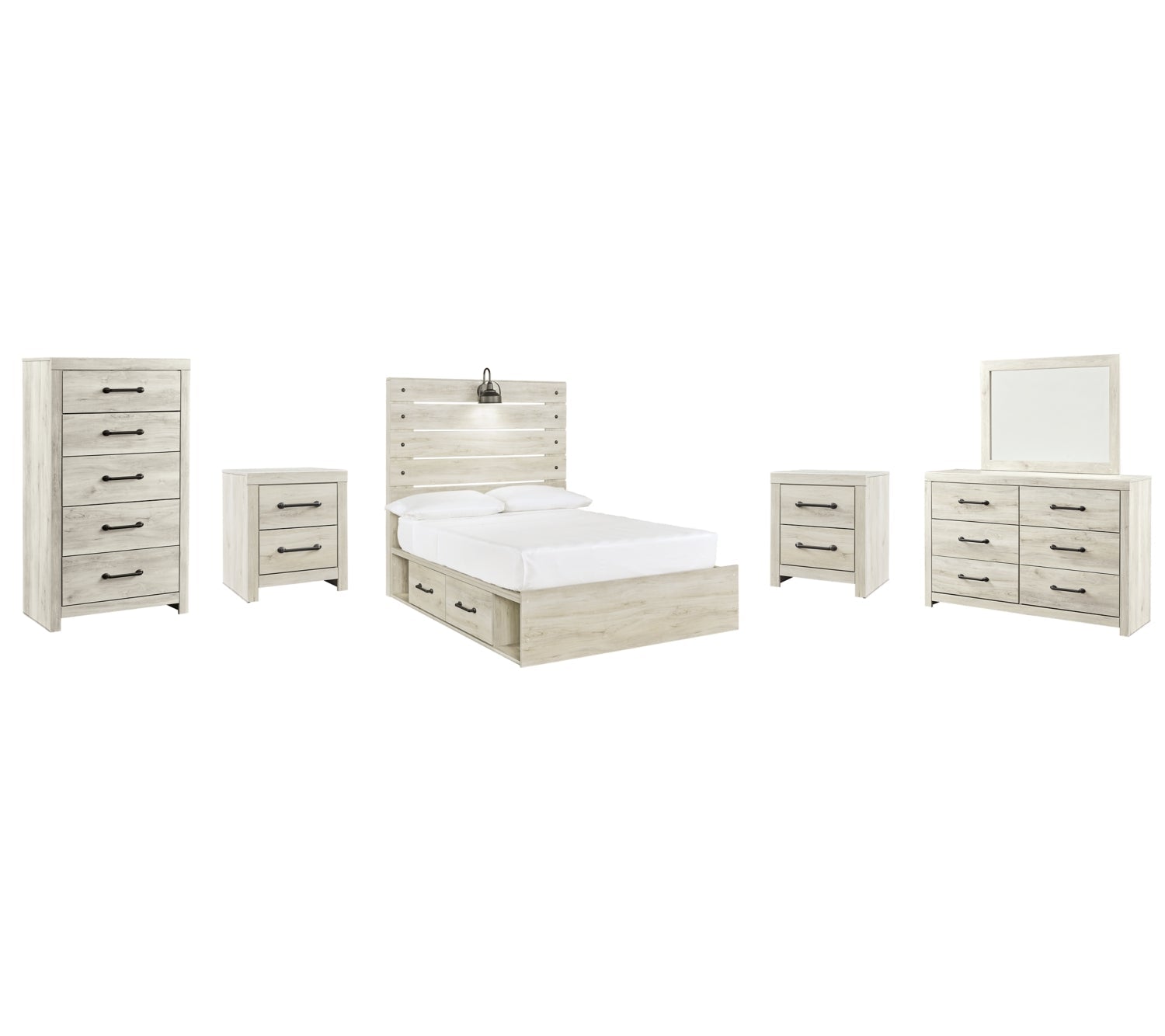 Cambeck Twin Panel Bed with 2 Storage Drawers with Mirrored Dresser, Chest and 2 Nightstands - MyWaynesHome #