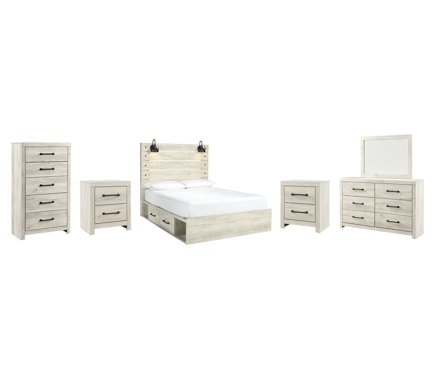 Cambeck Twin Panel Bed with 2 Storage Drawers with Mirrored Dresser, Chest and 2 Nightstands - MyWaynesHome #