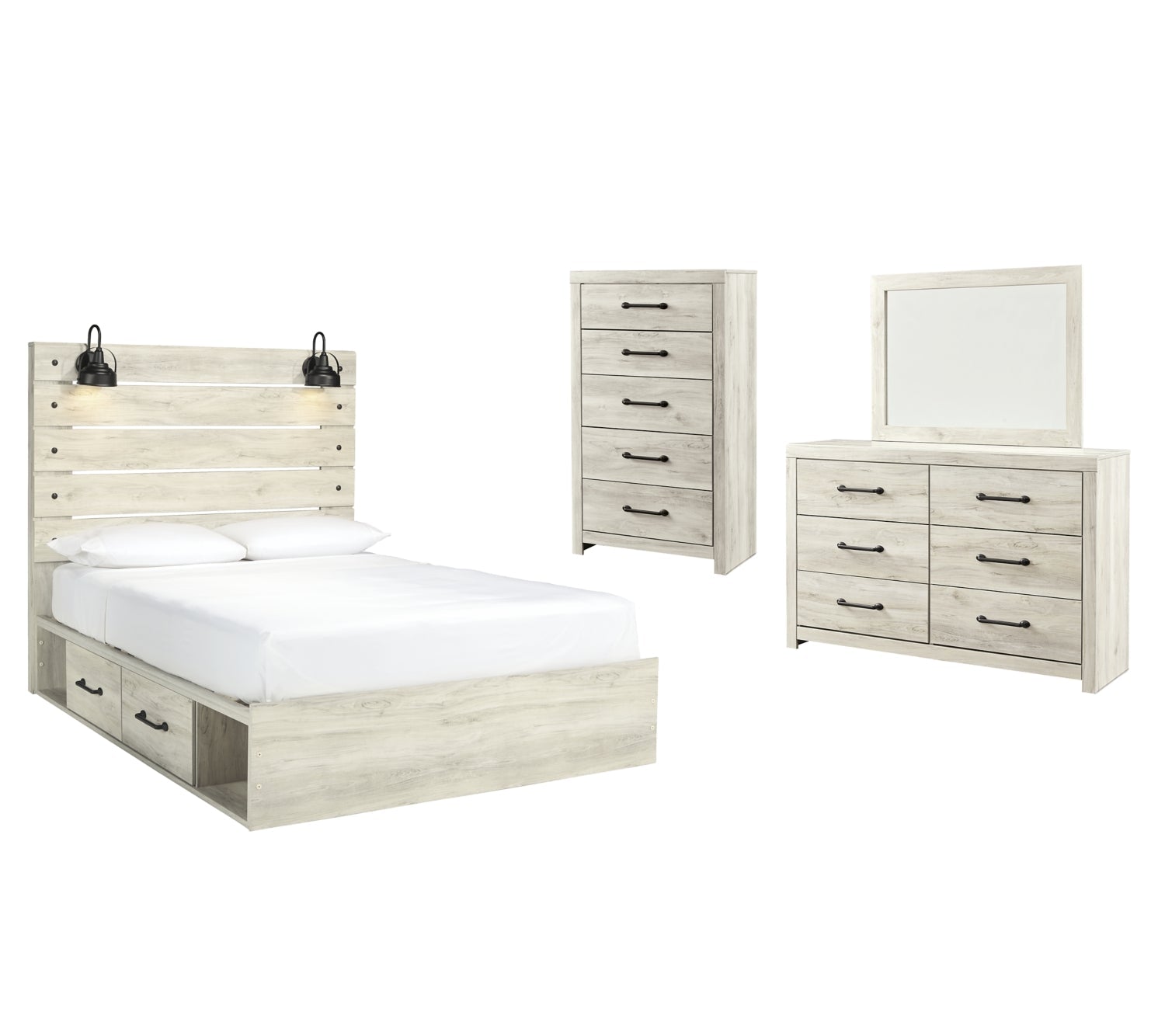 Cambeck Twin Panel Bed with 2 Storage Drawers with Mirrored Dresser and Chest - MyWaynesHome #