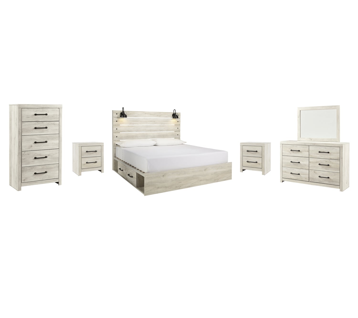 Cambeck Twin Panel Bed with 2 Storage Drawers with Mirrored Dresser, Chest and 2 Nightstands - MyWaynesHome #