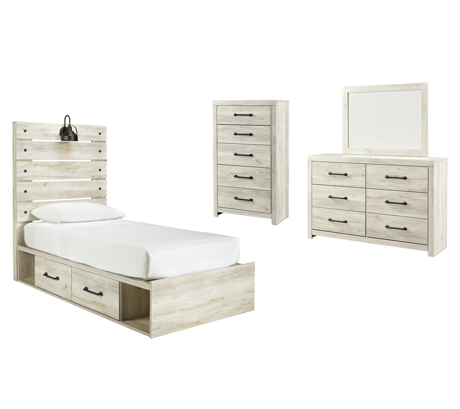 Cambeck Twin Panel Bed with 4 Storage Drawers with Mirrored Dresser and Chest - MyWaynesHome #