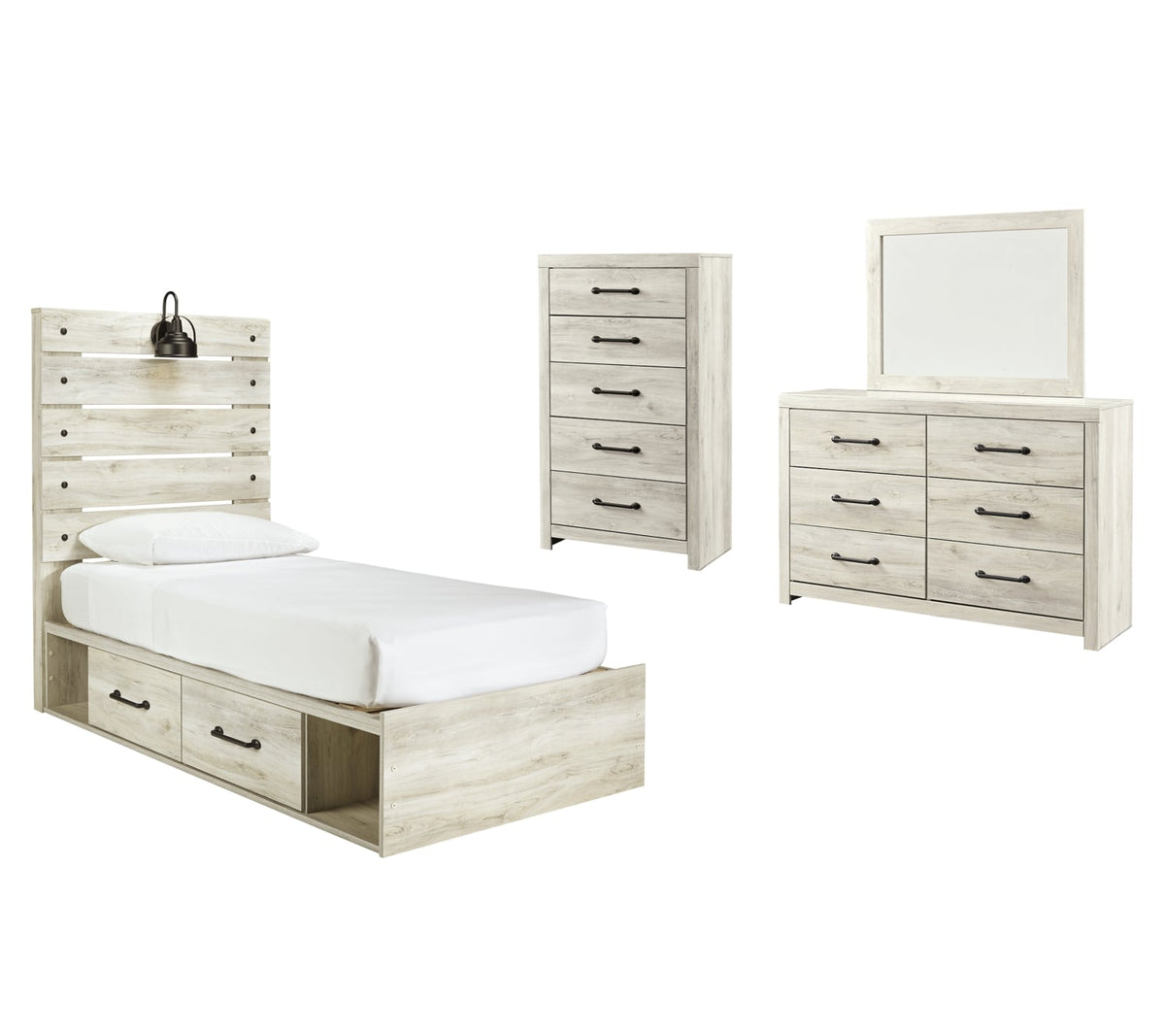 Cambeck Twin Panel Bed with 4 Storage Drawers with Mirrored Dresser and Chest - MyWaynesHome #