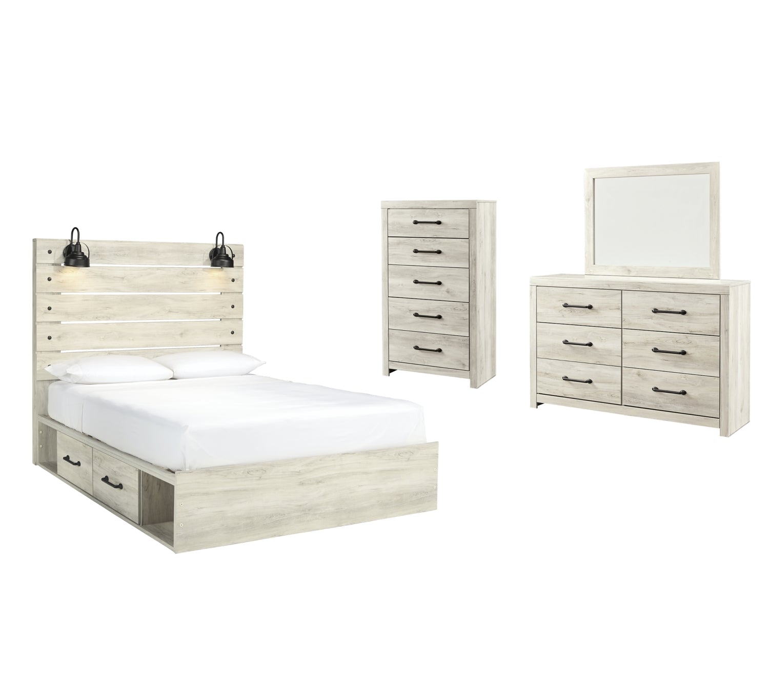 Cambeck Twin Panel Bed with 4 Storage Drawers with Mirrored Dresser and Chest - MyWaynesHome #