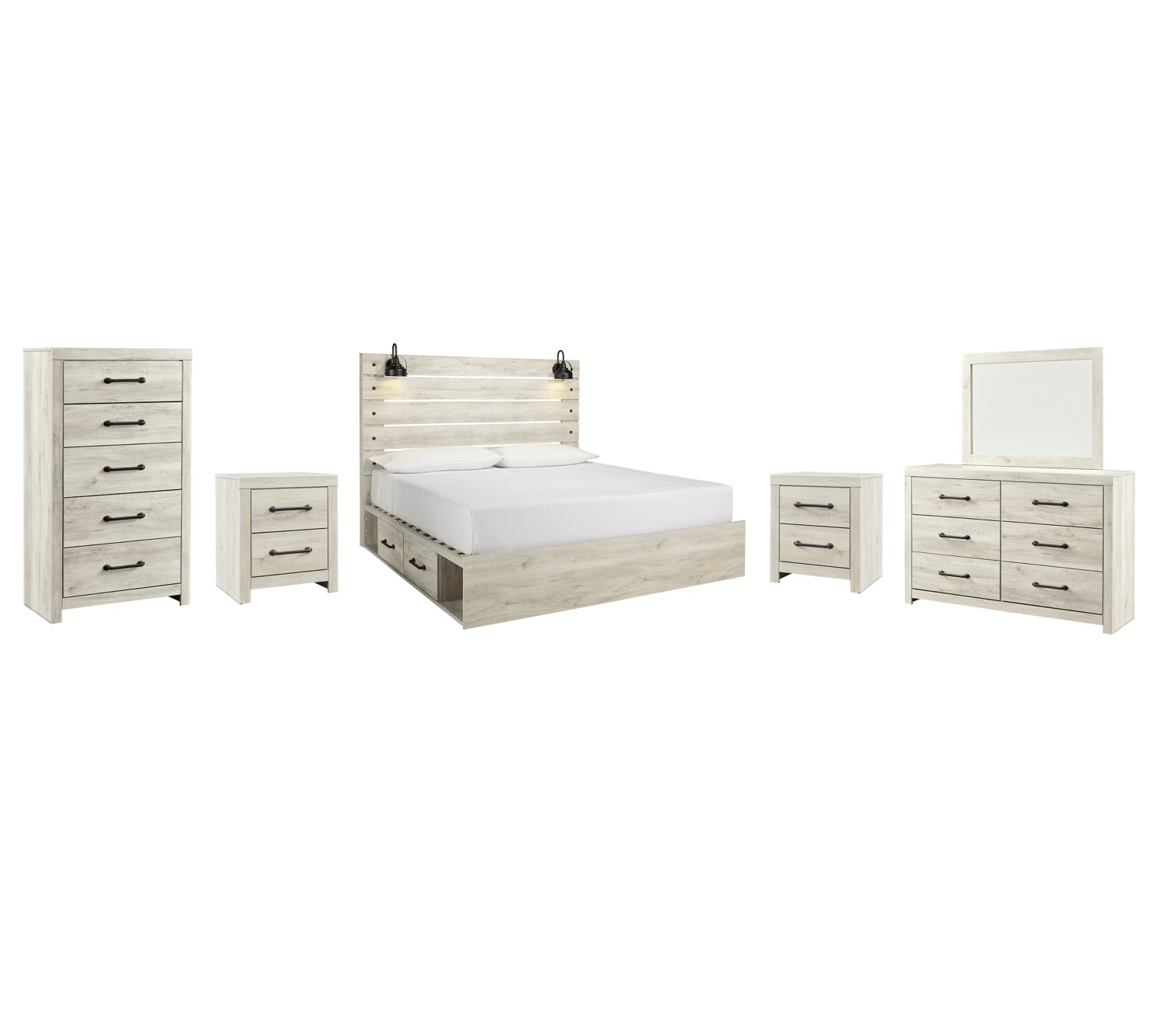 Cambeck Full Panel Bed with 4 Storage Drawers with Mirrored Dresser, Chest and 2 Nightstands - MyWaynesHome #