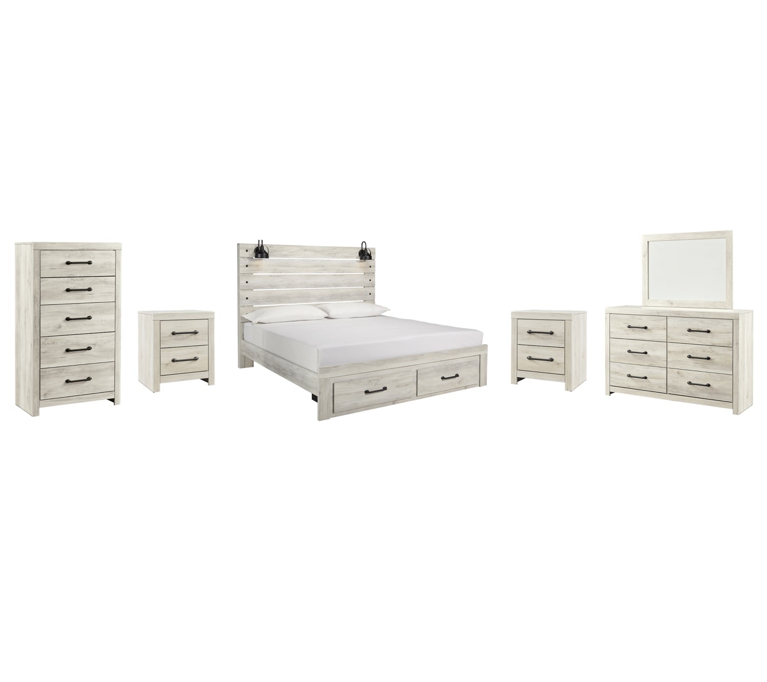 Cambeck King Panel Bed with 2 Storage Drawers with Mirrored Dresser, Chest and 2 Nightstands - MyWaynesHome #