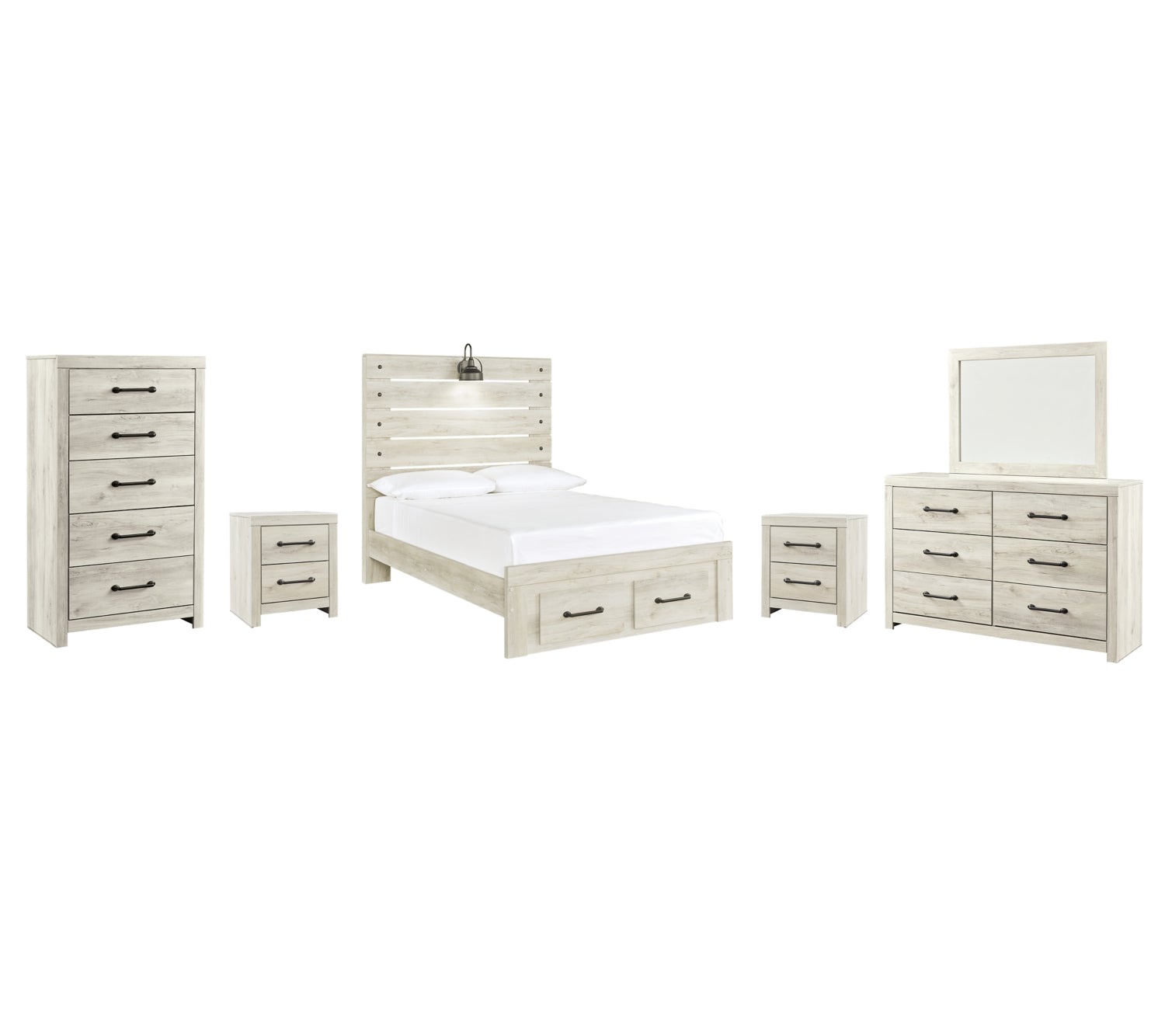 Cambeck King Panel Bed with 2 Storage Drawers with Mirrored Dresser, Chest and 2 Nightstands - MyWaynesHome #