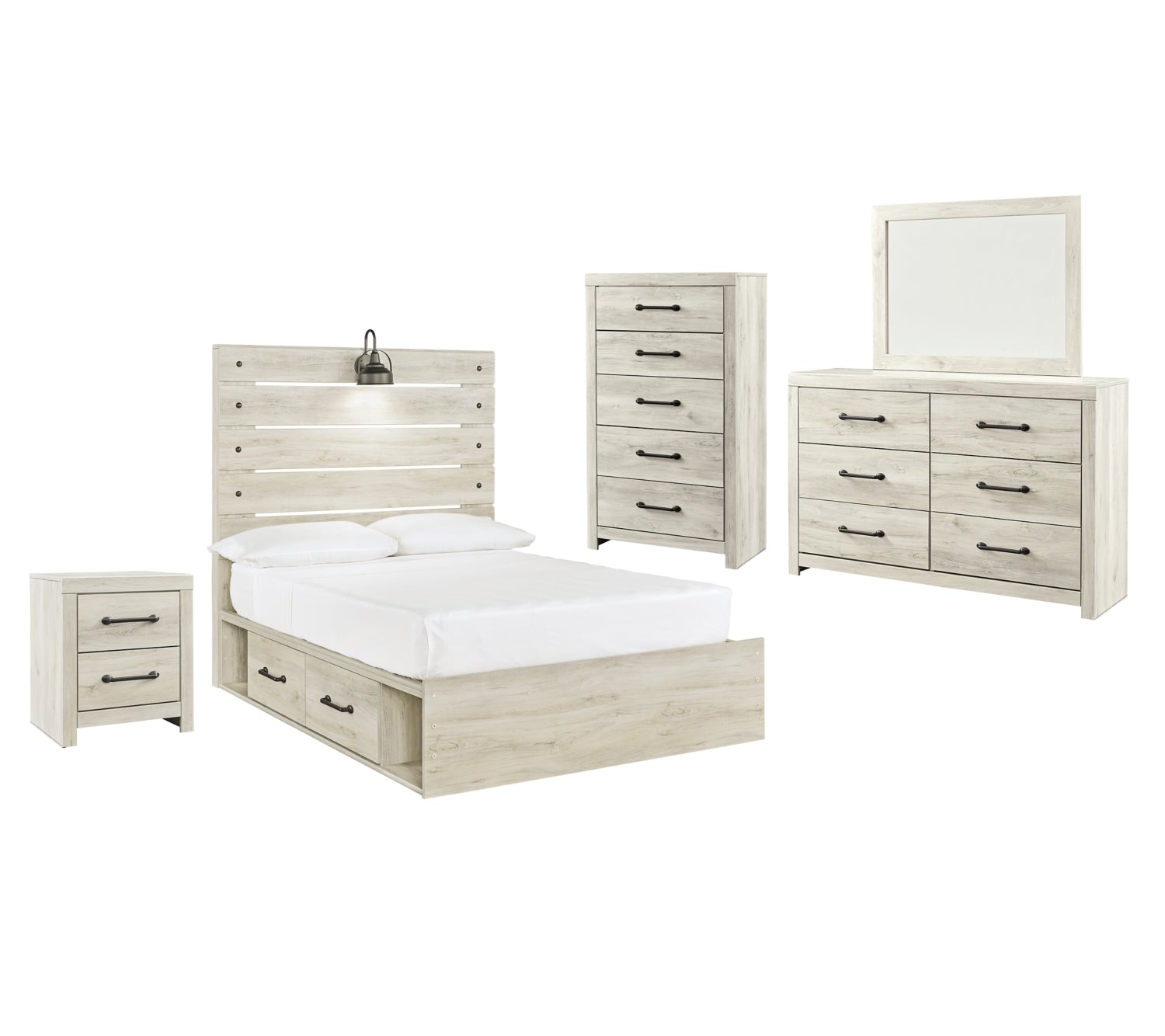 Cambeck Queen Panel Bed with 4 Storage Drawers with Mirrored Dresser, Chest and Nightstand - MyWaynesHome #