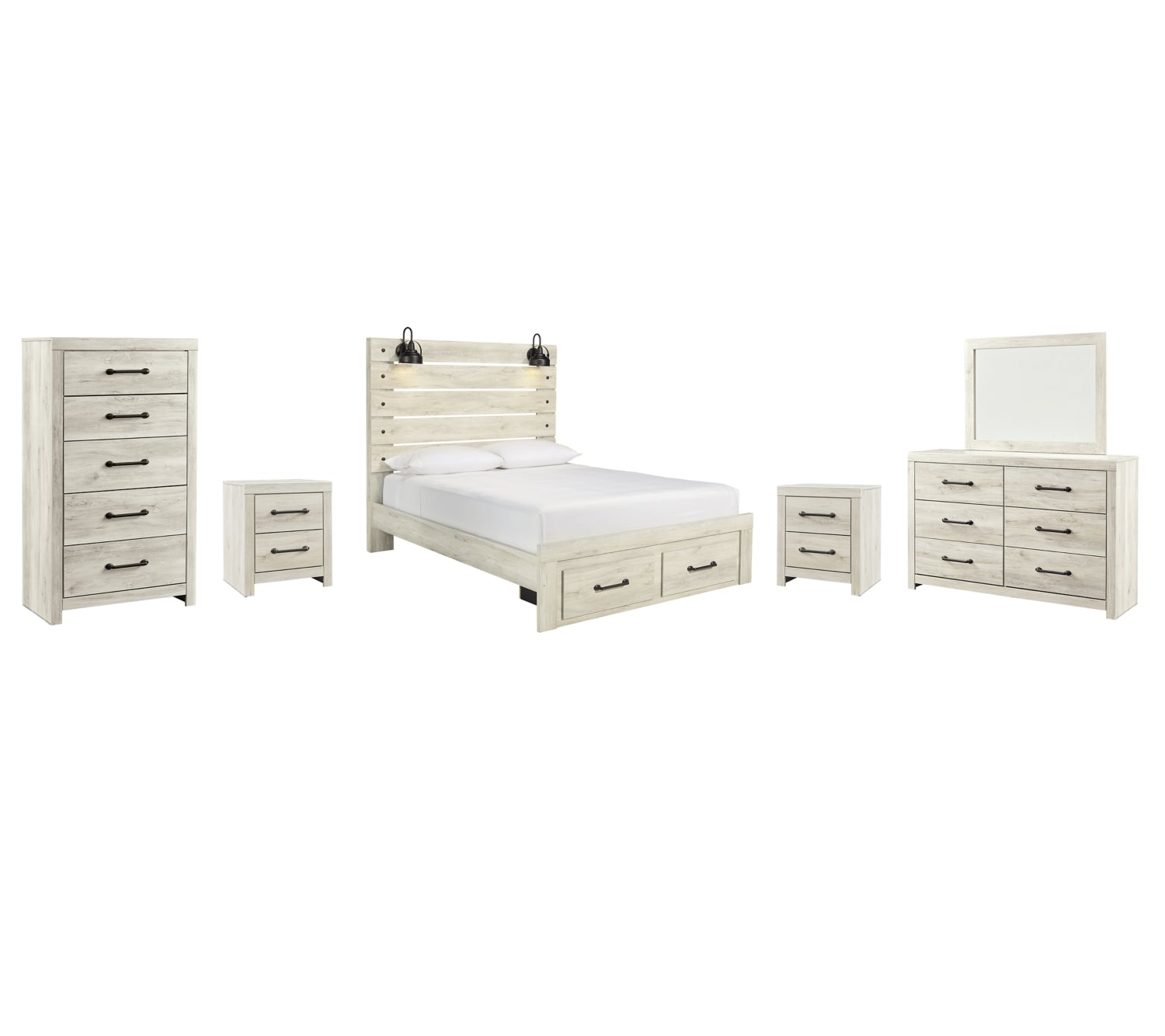 Cambeck King Panel Bed with 2 Storage Drawers with Mirrored Dresser, Chest and 2 Nightstands - MyWaynesHome #