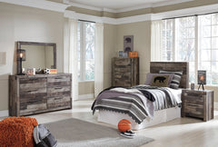 Derekson Twin Panel Headboard Bed with Mirrored Dresser, Chest and Nightstand