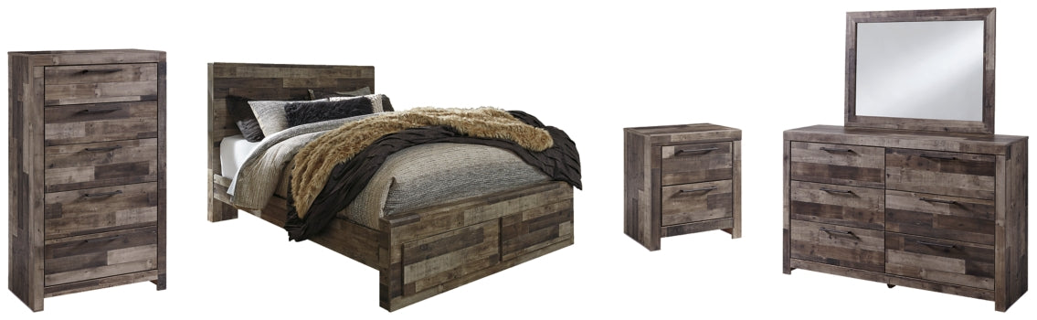 Derekson Queen Panel Bed with 2 Storage Drawers with Mirrored Dresser, Chest and Nightstand - PKG003484
