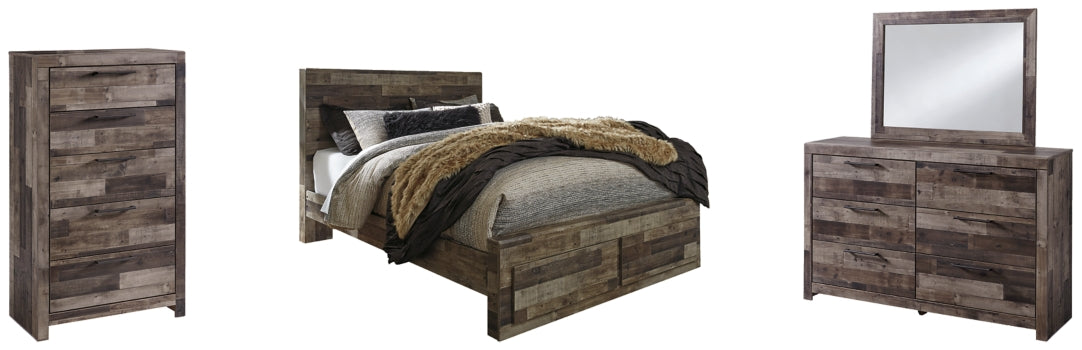 Derekson Queen Panel Bed with 2 Storage Drawers with Mirrored Dresser and Chest - PKG003456