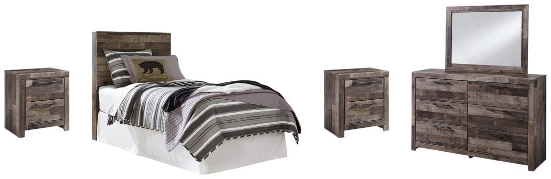 Derekson Twin Panel Headboard Bed with Mirrored Dresser and 2 Nightstands