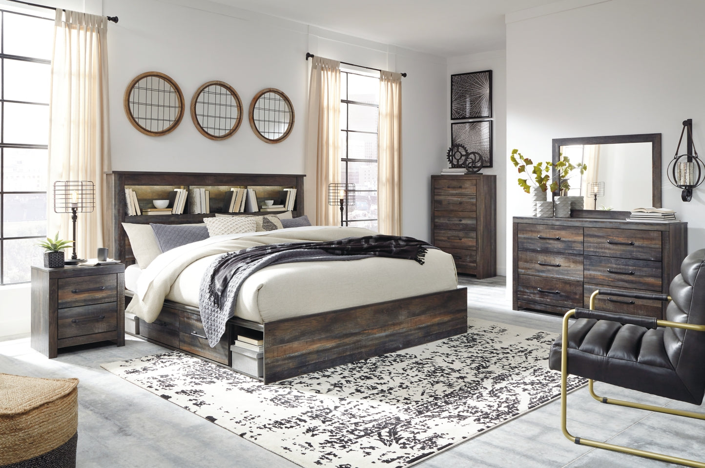 Drystan King Bookcase Bed with 2 Storage Drawers with Mirrored Dresser, Chest and Nightstand - PKG003381