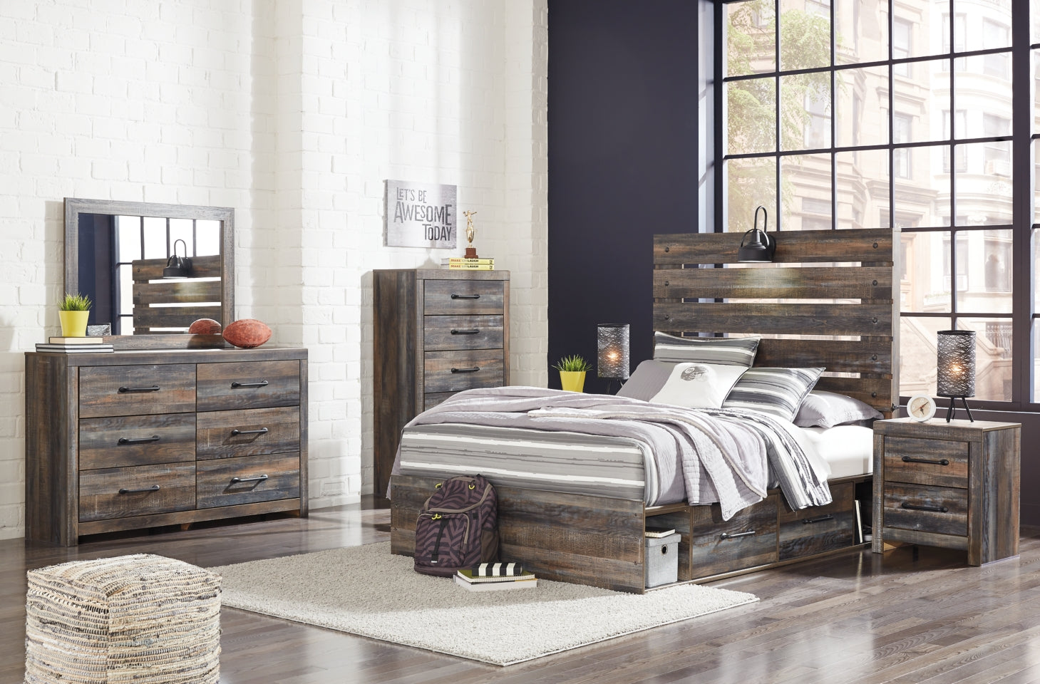 Drystan Twin Panel Bed with 2 Storage Drawers with Mirrored Dresser, Chest and 2 Nightstands - MyWaynesHome #