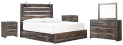 Drystan King Panel Bed with 4 Storage Drawers with Mirrored Dresser and 2 Nightstands