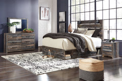 Drystan King Panel Bed with 4 Storage Drawers with Mirrored Dresser