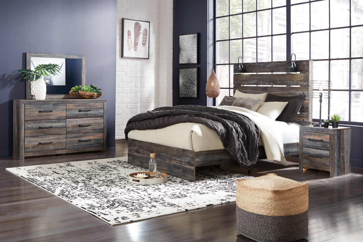 Drystan Queen Panel Bed with 2 Storage Drawers with Mirrored Dresser, Chest and 2 Nightstands - PKG003173