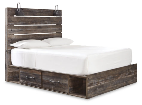 Drystan Queen Panel Bed with 2 Storage Drawers with Mirrored Dresser and Chest - PKG003170