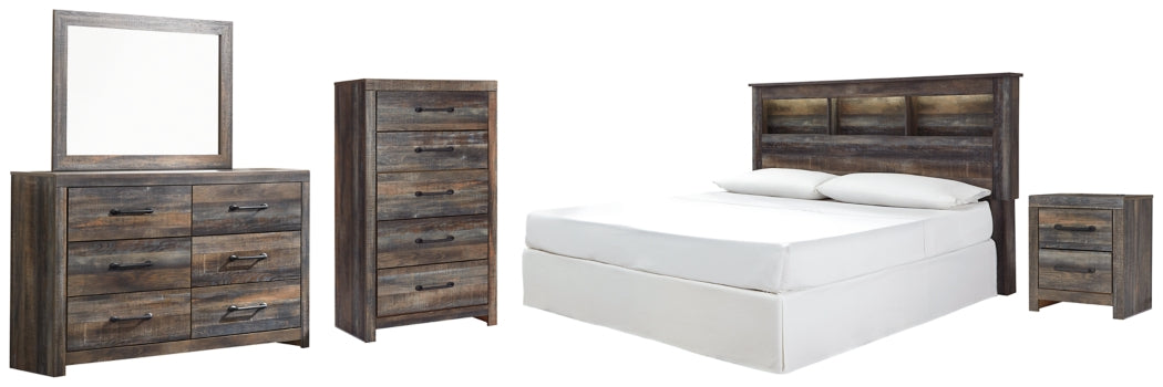 Drystan King/California King Bookcase Headboard Bed with Mirrored Dresser, Chest and Nightstand
