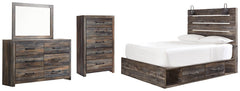Drystan Queen Panel Bed with 2 Storage Drawers with Mirrored Dresser and Chest - MyWaynesHome #
