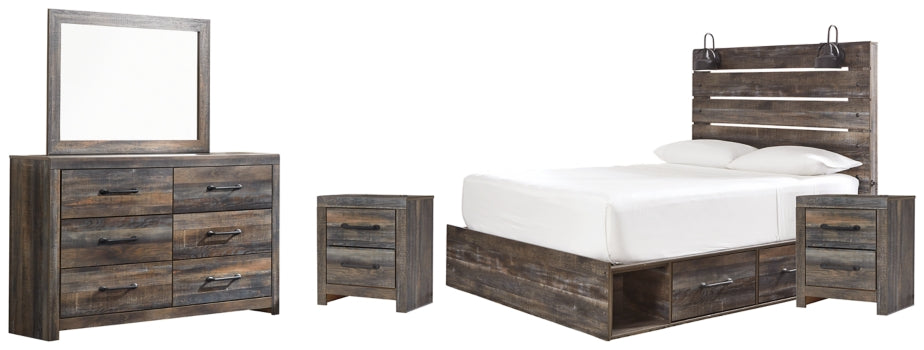 Drystan Queen Panel Bed with 2 Storage Drawers with Mirrored Dresser and 2 Nightstands - PKG003169
