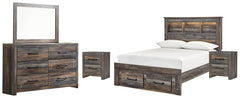 Drystan Full Bookcase Bed with 2 Storage Drawers with Mirrored Dresser and 2 Nightstands - PKG003236