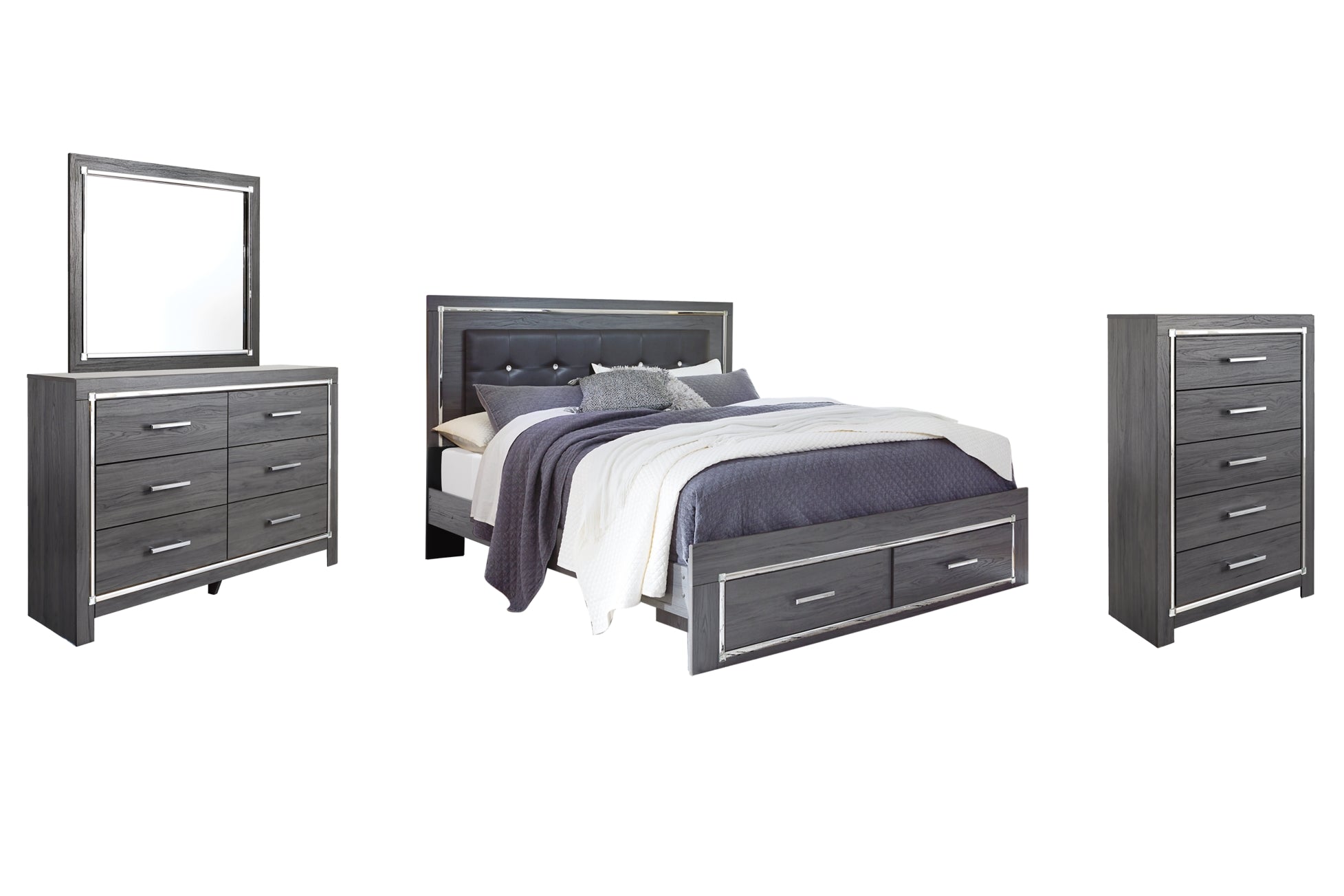 Lodanna King Panel Bed with 2 Storage Drawers with Mirrored Dresser, Chest and Nightstand - PKG003592