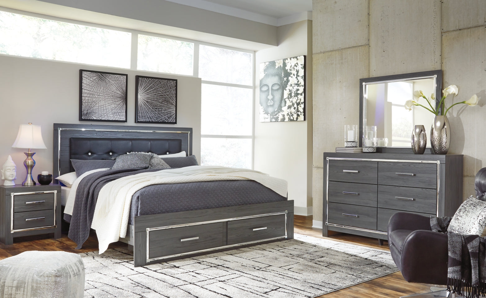 Lodanna King Panel Bed with 2 Storage Drawers with Mirrored Dresser and Chest - PKG003572