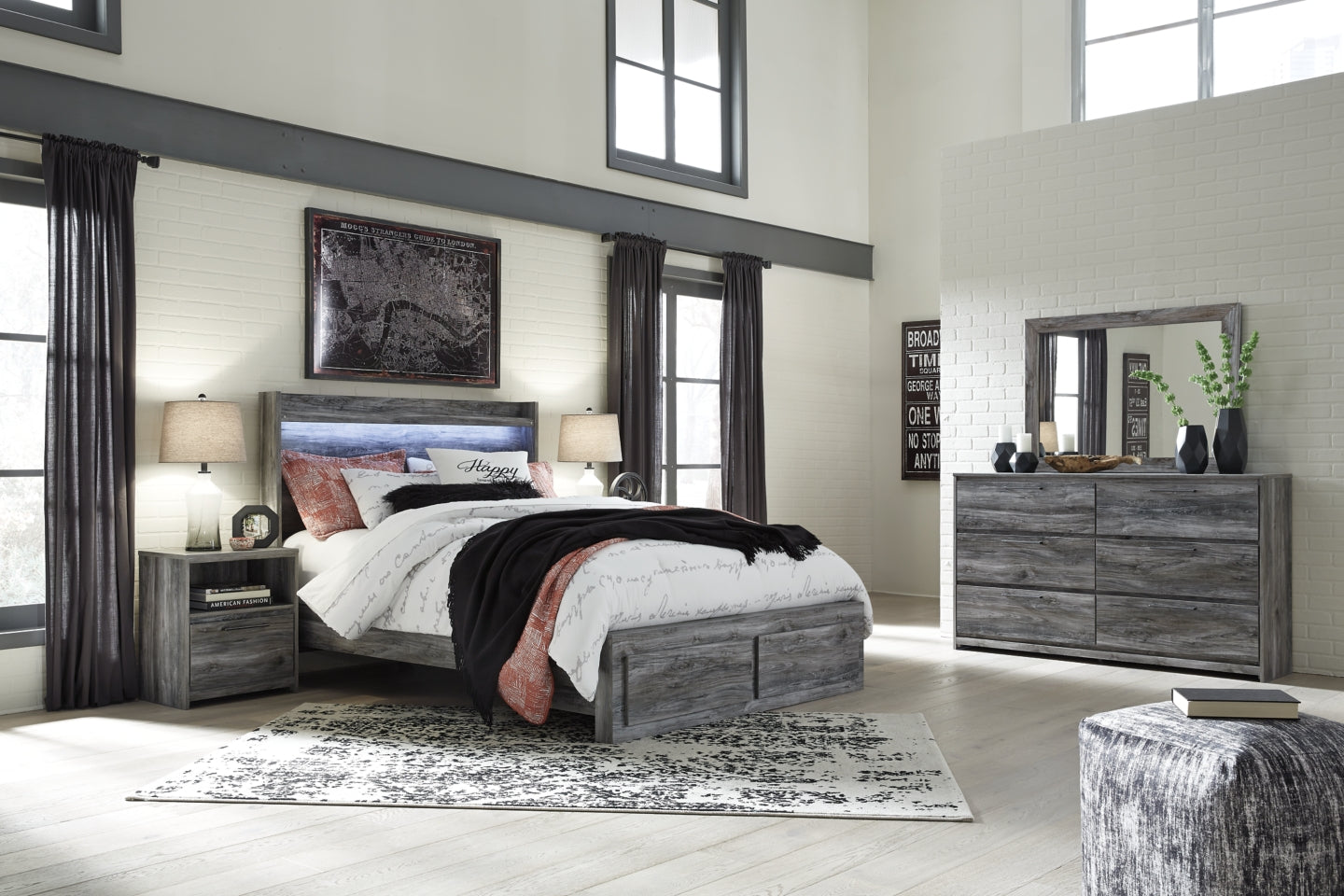 Baystorm Queen Panel Bed with 2 Storage Drawers with Mirrored Dresser and Nightstand - MyWaynesHome #