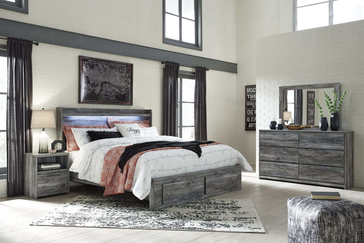 Baystorm King Panel Bed with 2 Storage Drawers with Mirrored Dresser, and Nightstand - MyWaynesHome #