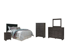 Brinxton Queen/Full Panel Headboard Bed with Mirrored Dresser, Chest and Nightstand