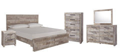 Effie King Panel Bed with 2 Storage Drawers with Mirrored Dresser, Chest and Nightstand