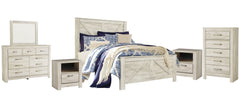 Bellaby King Crossbuck Panel Bed with Mirrored Dresser, Chest and 2 Nightstands - MyWaynesHome #