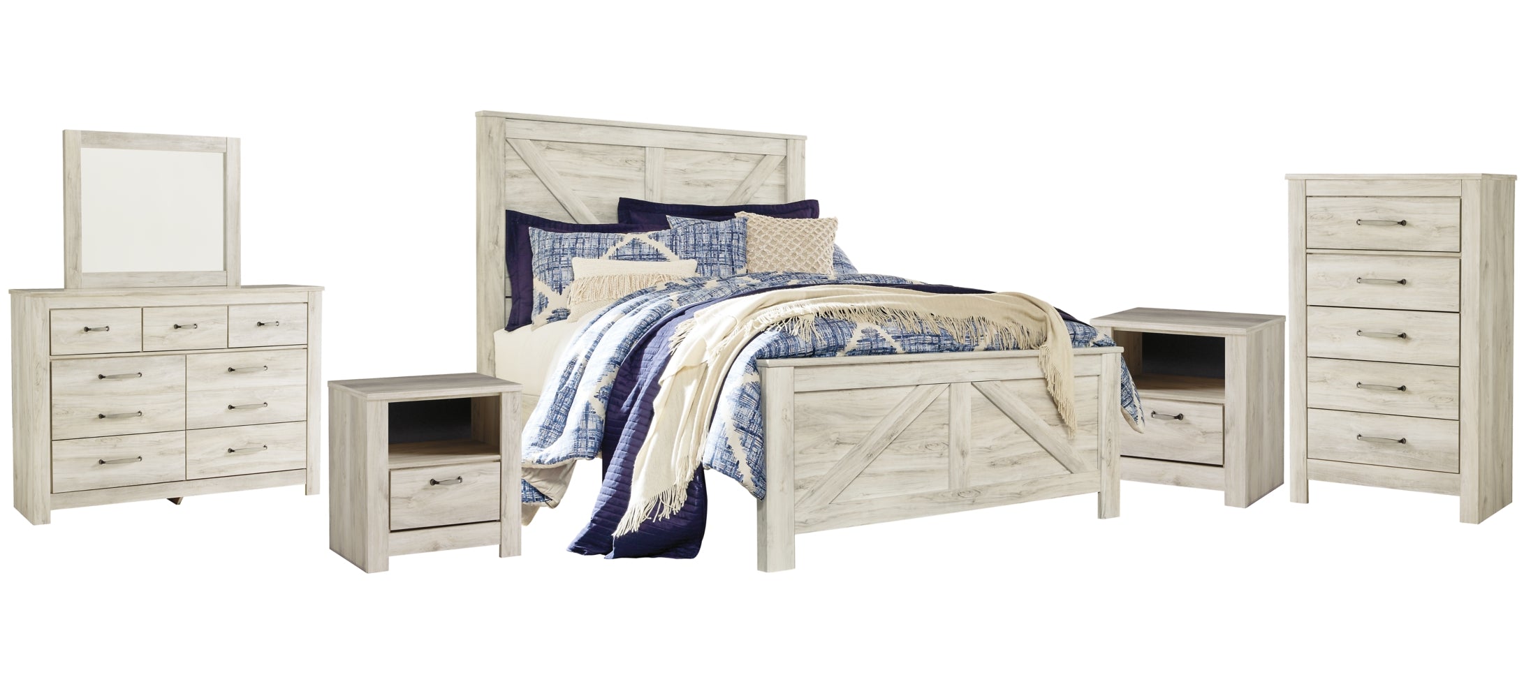 Bellaby King Crossbuck Panel Bed with Mirrored Dresser, Chest and 2 Nightstands - MyWaynesHome #