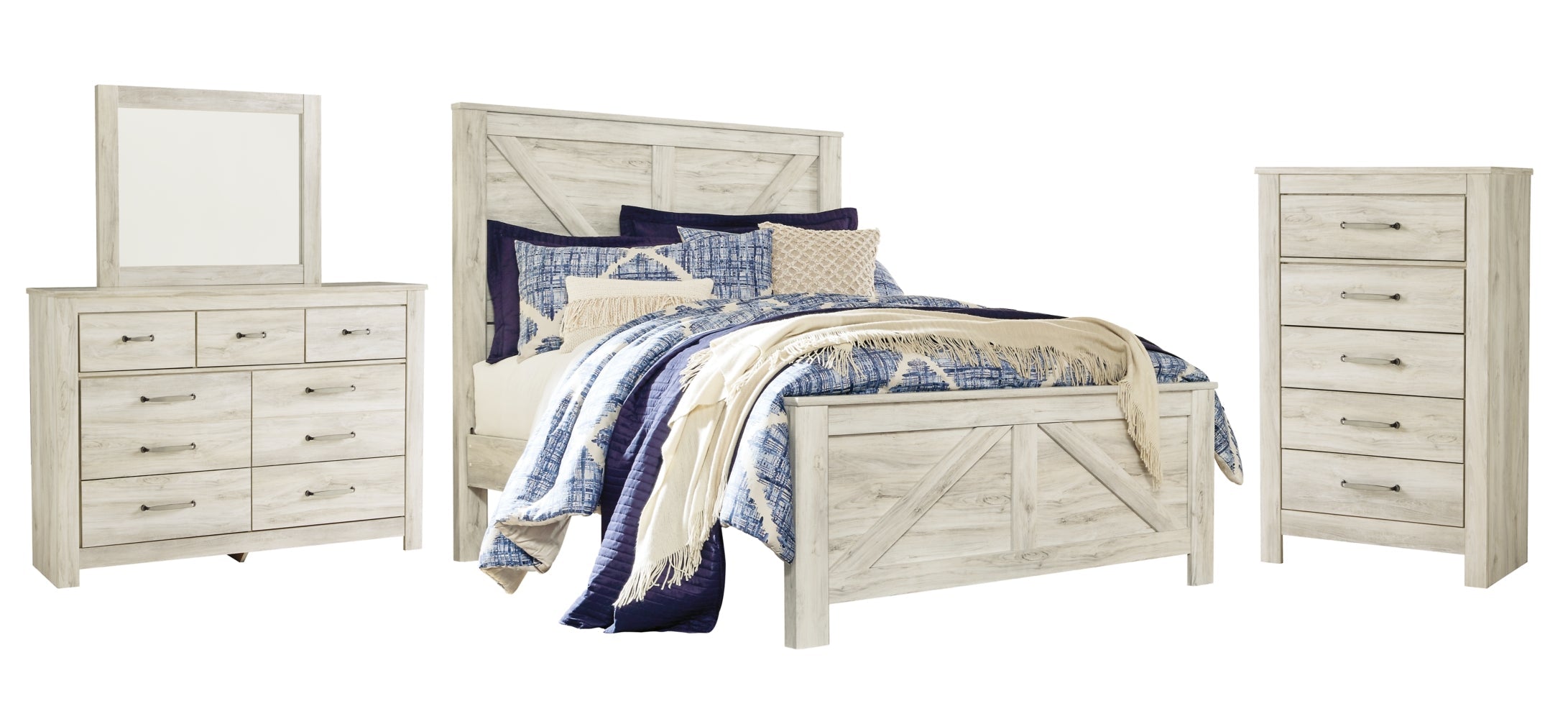 Bellaby King Crossbuck Panel Bed with Mirrored Dresser and Chest - MyWaynesHome #