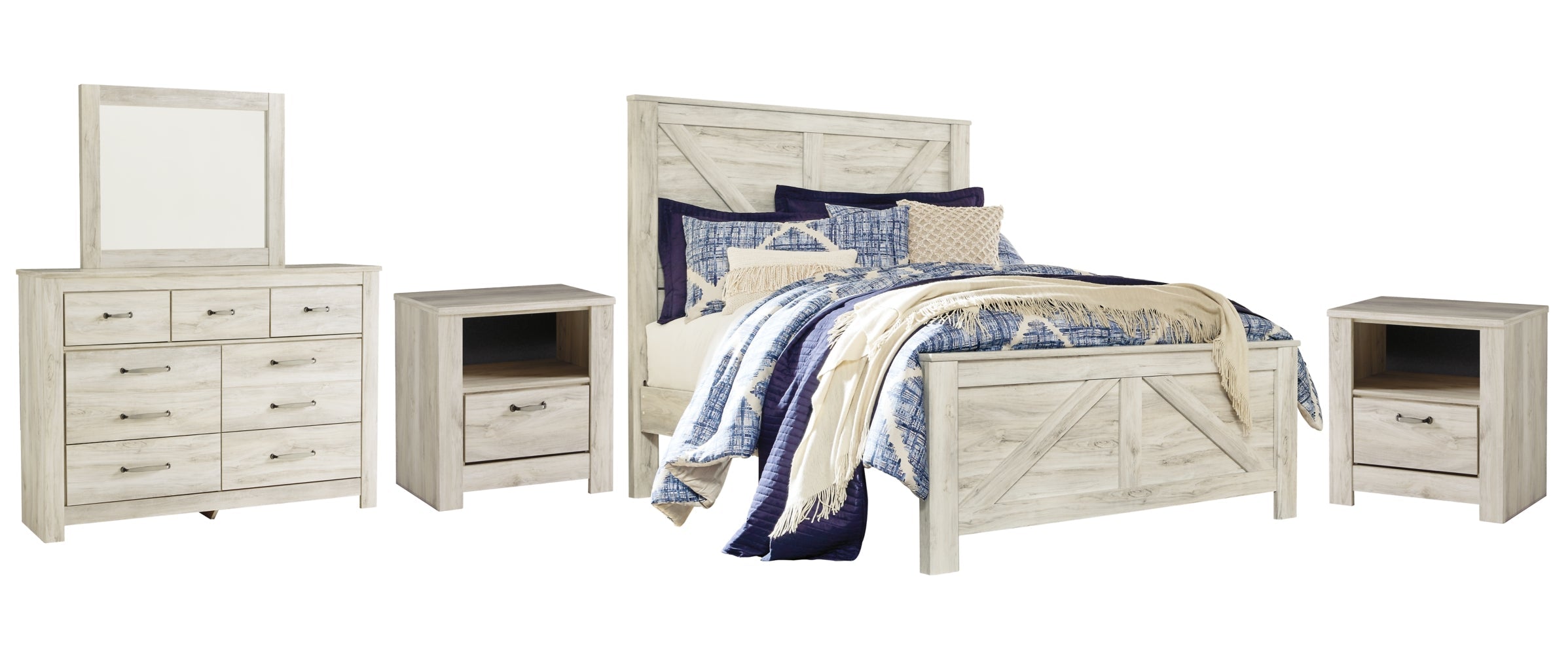 Bellaby King Crossbuck Panel Bed with Mirrored Dresser and 2 Nightstands - MyWaynesHome #