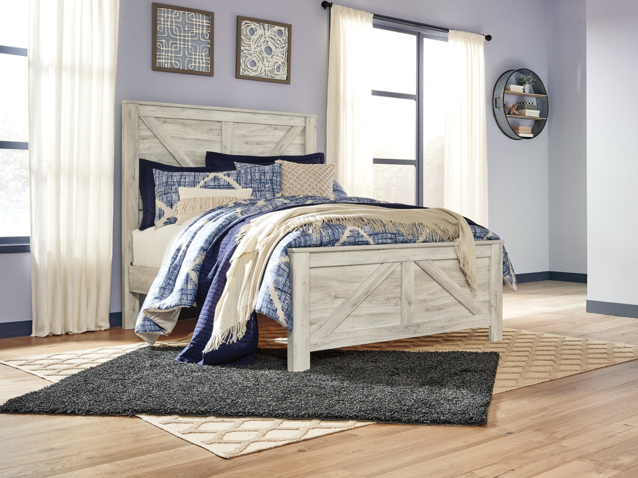 Bellaby King Crossbuck Panel Bed with Mirrored Dresser and Chest - MyWaynesHome #
