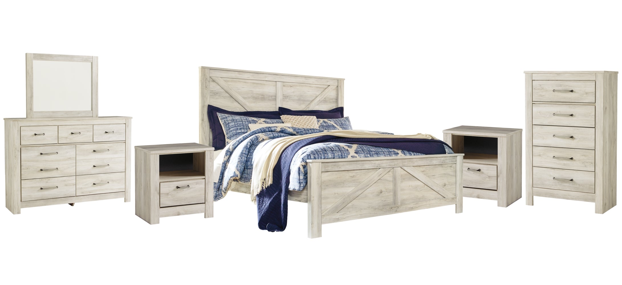 Bellaby King Crossbuck Panel Bed with Mirrored Dresser, Chest and 2 Nightstands - MyWaynesHome #