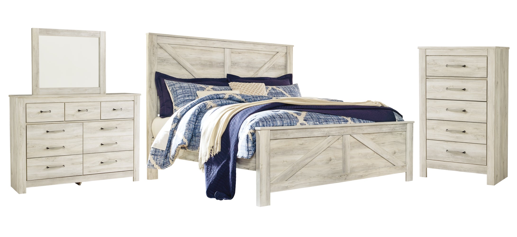 Bellaby King Crossbuck Panel Bed with Mirrored Dresser and Chest - MyWaynesHome #