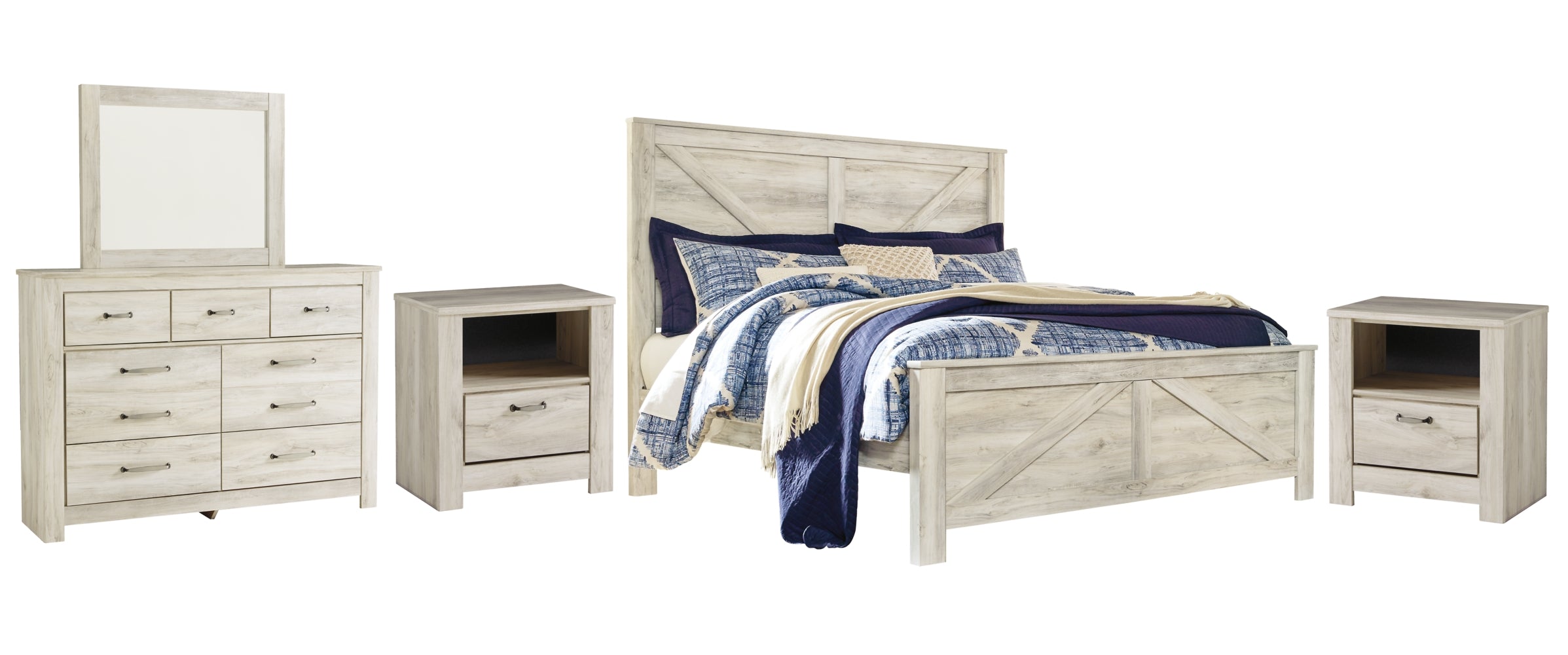 Bellaby King Crossbuck Panel Bed with Mirrored Dresser and 2 Nightstands - MyWaynesHome #