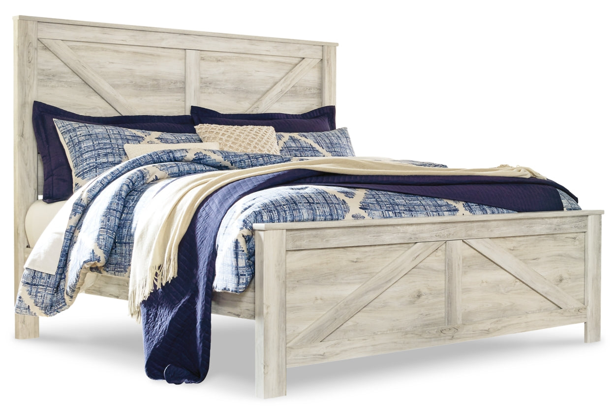 Bellaby King Crossbuck Panel Bed with Mirrored Dresser and Chest - MyWaynesHome #
