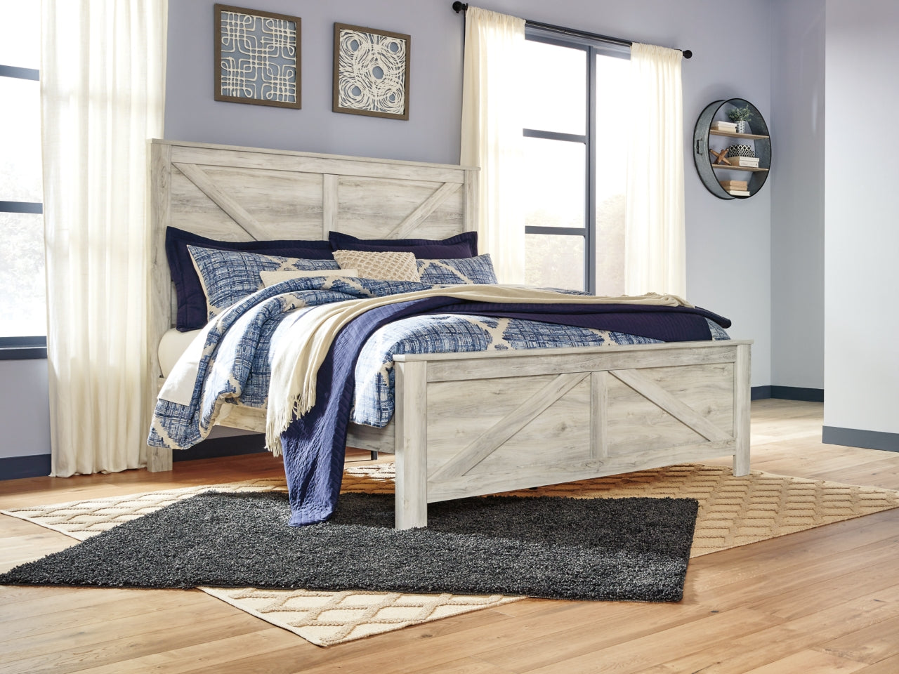 Bellaby King Crossbuck Panel Bed with Mirrored Dresser and Chest - MyWaynesHome #