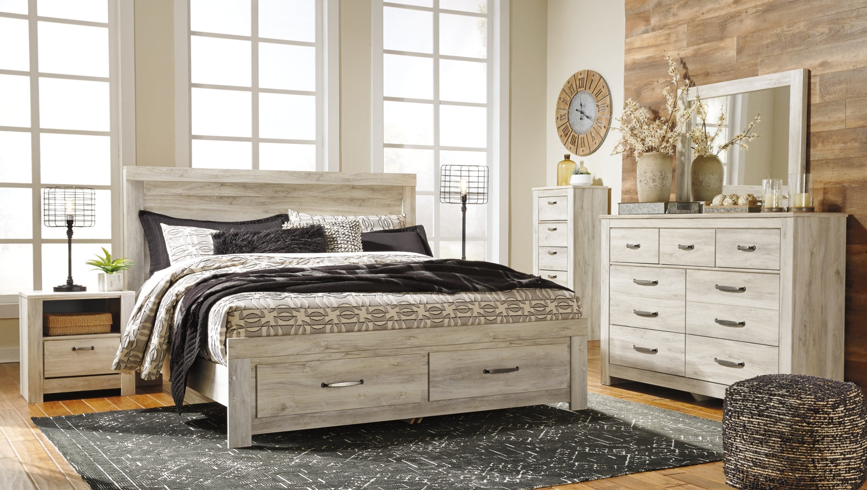 Bellaby Queen Platform Bed with 2 Storage Drawers with Mirrored Dresser, Chest and Nightstand - MyWaynesHome #