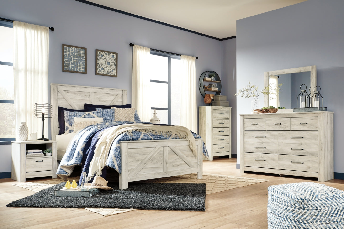 Bellaby King Crossbuck Panel Bed with Mirrored Dresser, Chest and 2 Nightstands - MyWaynesHome #