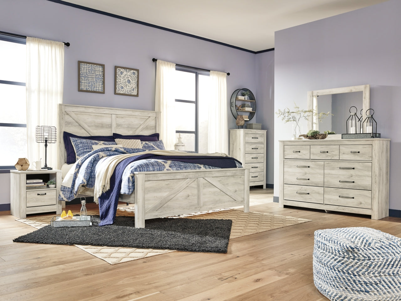 Bellaby King Crossbuck Panel Bed with Mirrored Dresser, Chest and 2 Nightstands - MyWaynesHome #