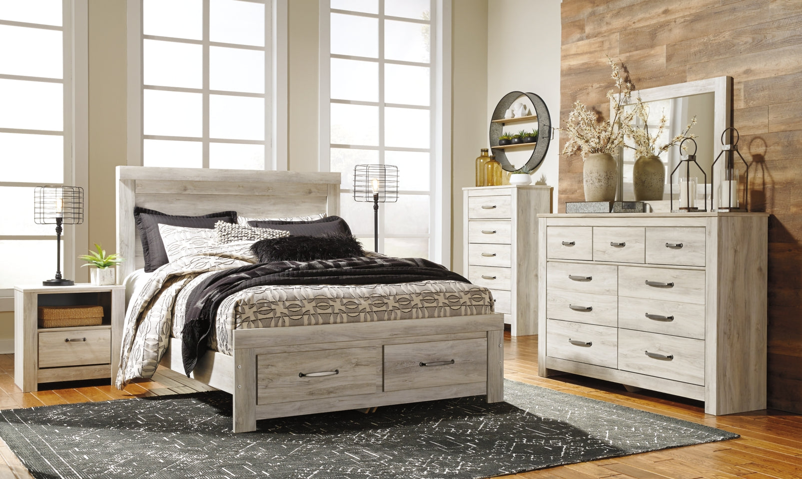 Bellaby Queen Platform Bed with 2 Storage Drawers with Mirrored Dresser, Chest and Nightstand - MyWaynesHome #