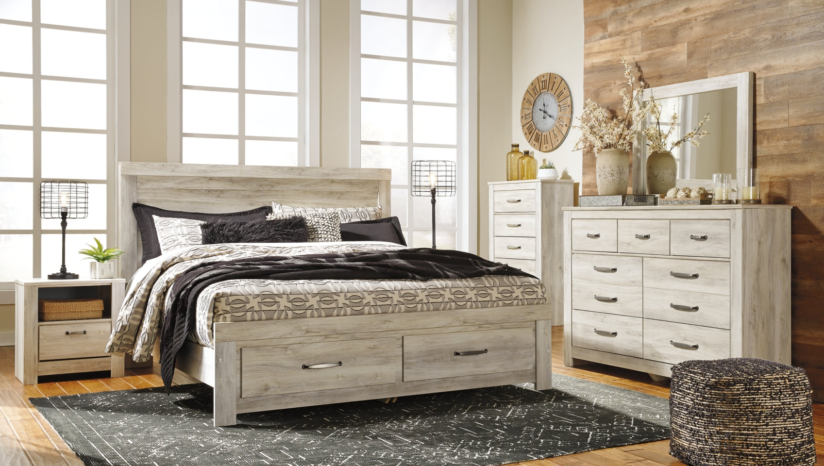 Bellaby Queen Platform Bed with 2 Storage Drawers with Mirrored Dresser, Chest and Nightstand - MyWaynesHome #