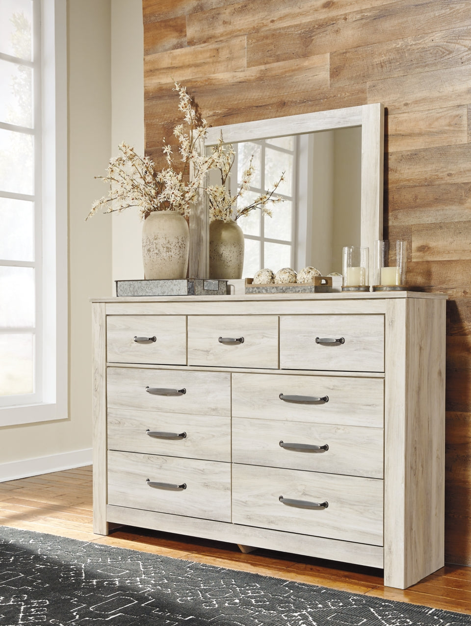 Bellaby King Crossbuck Panel Bed with Mirrored Dresser and Chest - MyWaynesHome #