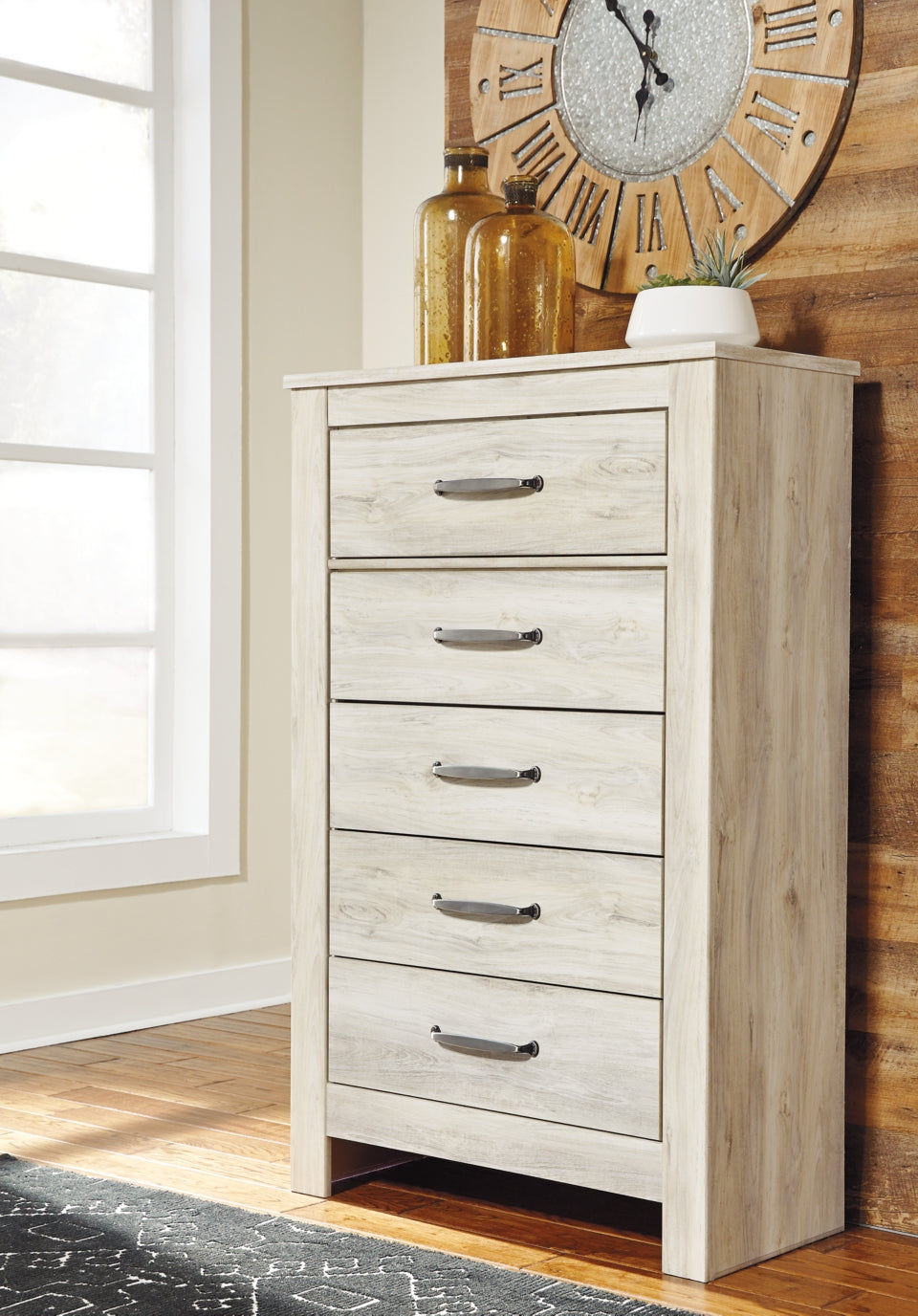 Bellaby King Crossbuck Panel Bed with Mirrored Dresser and Chest - MyWaynesHome #